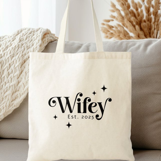 Wifey Est Jahr jedes farbenfrohe Retro-Schriftart Tragetasche (Wifey Est year any color elegant retro font Tote Bag)
