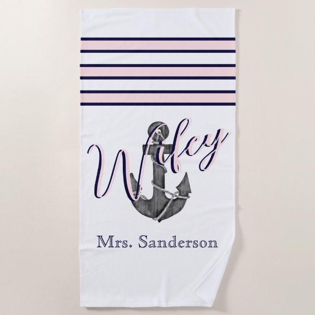 Wifey Nautical Monogram Pink Navy Blue Anchor Strandtuch (Vorderseite)