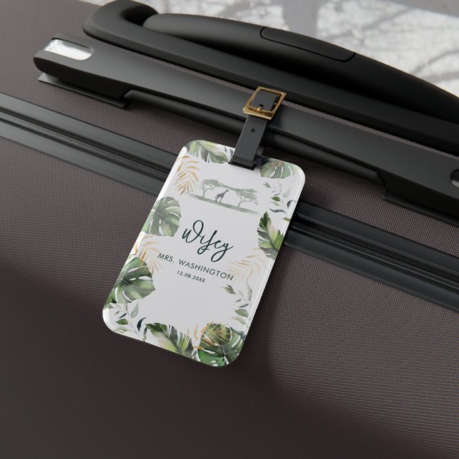 Wifey Script Honeymoon Urlaub Safari Trip Gepäckanhänger (Botanical Watercolor Palm Leaves Wife Newlywed Honeymoon Luggage Tag)