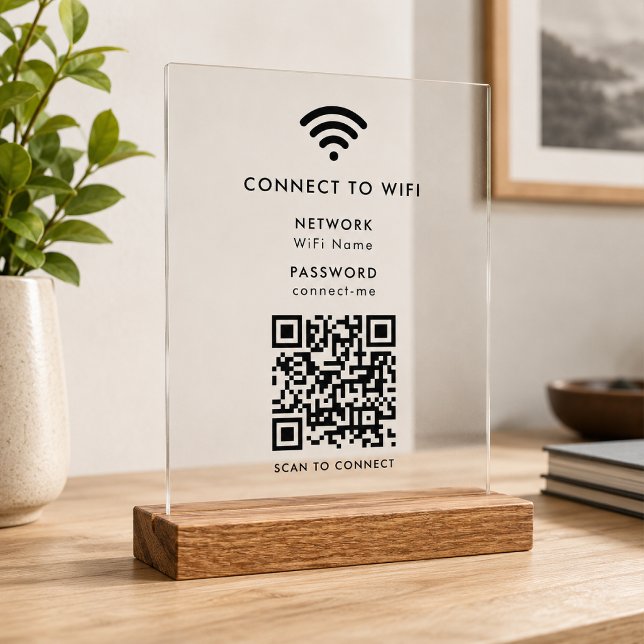 WiFi-Netzwerk | QR Code Internet Scan zum Verbinde Acrylschild (Wi-Fi acrylic tabletop signs with interactive QR code, connecting visitors seamlessly to your WiFi.)