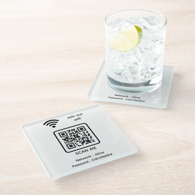 WiFi QR Code Scan Me Nehmen Sie an unserem Hotel W Glasuntersetzer (Schrägansicht)