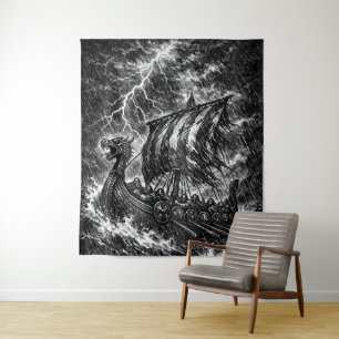 Wikinger-Langschiff im Sturm — Ink Saga Art Wandteppich