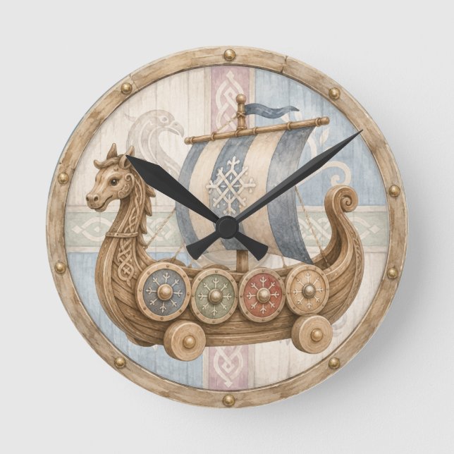 Wikinger-Schiff-Babyzimmer Runde Wanduhr (Vorderseite)