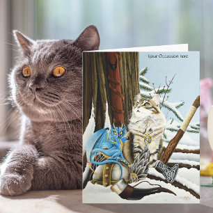 Wikingerkatze Blauer Drache Fantasy Karte