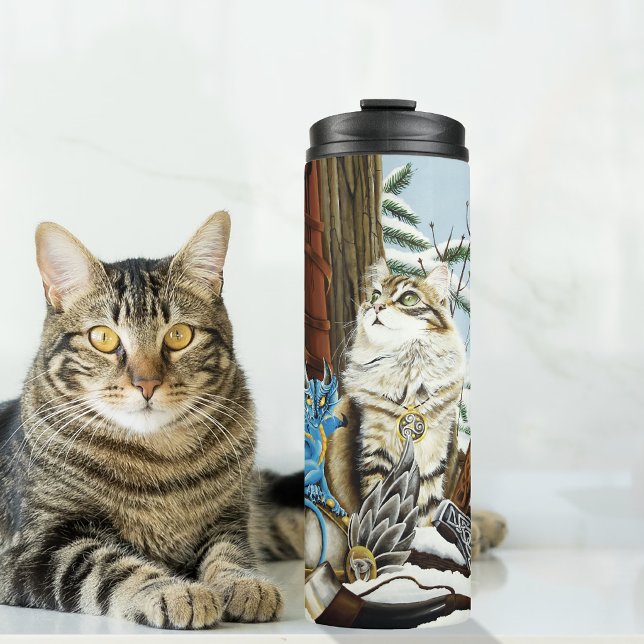 Wikingerkatze Blauer Drache Fantasy Thermosbecher (Von Creator hochgeladen)