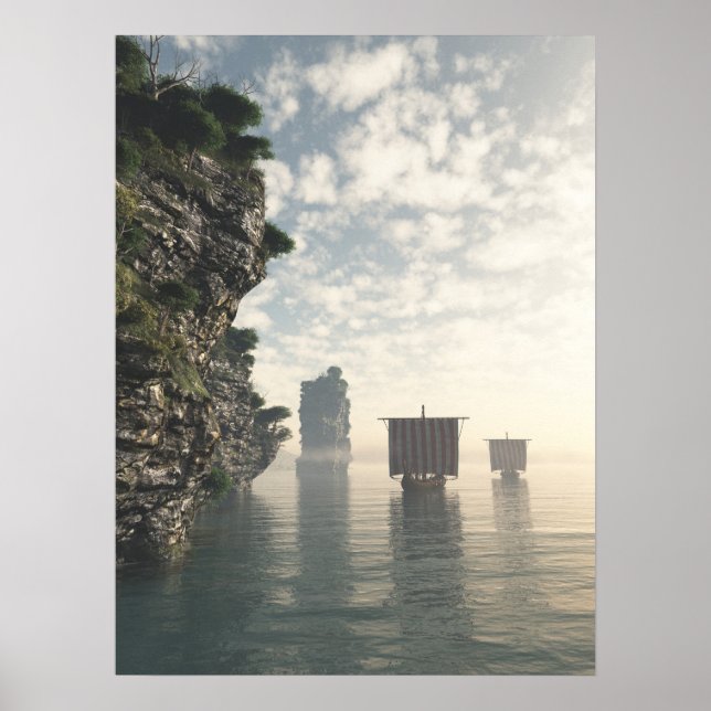 Wikinglongships in unbekannten Gewässern Poster (Vorne)