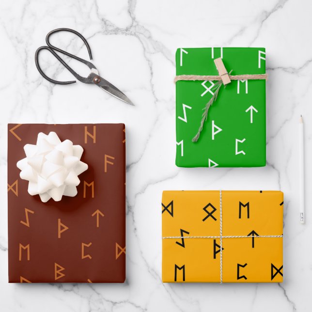 Wikingrunnen auf braunem, gelbem, grünem Hintergru Geschenkpapier Set (Vorderseite)
