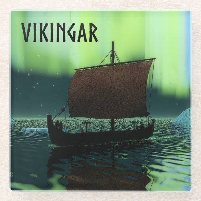 Wikingschiff und Nordlichter Glasuntersetzer (Vorderseite)