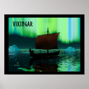 Wikingschiff und Nordlichter Poster