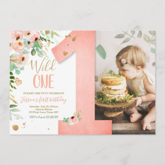 Wild 1. Geburtstag Einladung florales Pink Gold Gi