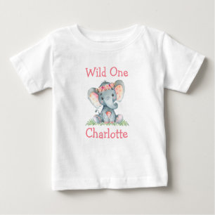 Wild 1. Geburtstag Elefant Pink Blume Baby T-shirt
