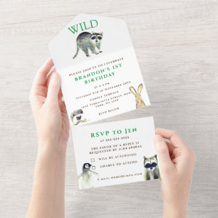 Wild 1. Geburtstag Junge Rustikale Tierfarbe All In One Einladung