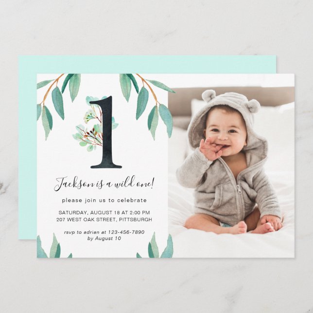 Wild 1. Geburtstag Party Foto Blau Zurück Einladung (Vorne/Hinten)