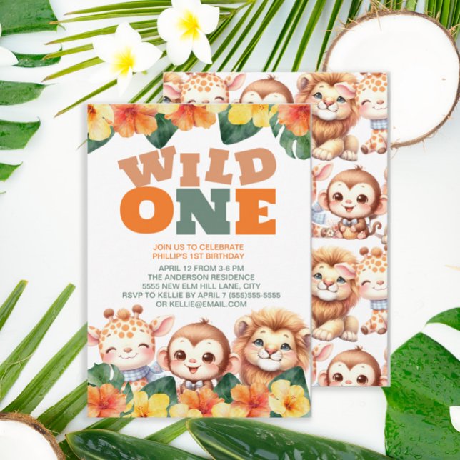 Wild 1. Geburtstag Safari Löwe Giraffe Affe Einladung (Cute "Wild One" safari animal 1st birthday party invitation.)