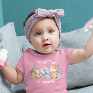 Wild 1. Geburtstag Safari Tiere Bow Pink Baby Strampler