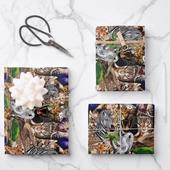 Wild afrikanische Savanna Tiere Geschenkpapier Set (Vorderseite)