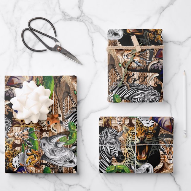Wild afrikanische Savanna Tiere Geschenkpapier Set (Vorderseite)