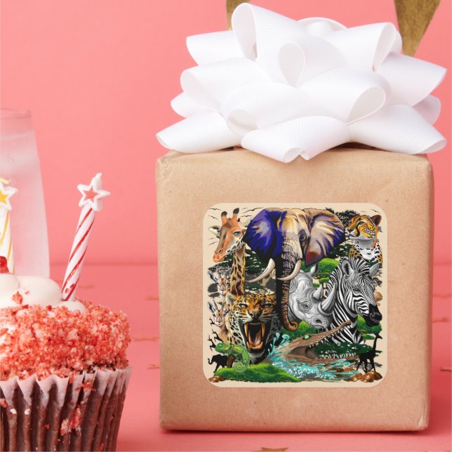 Wild afrikanische Savanna Tiere Quadratischer Aufkleber (Party)