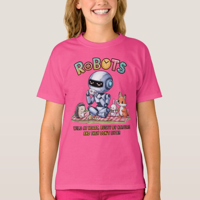 🤖 Wild am Heart Robot Cartoon Picnic in Woods T-Shirt (Vorderseite)