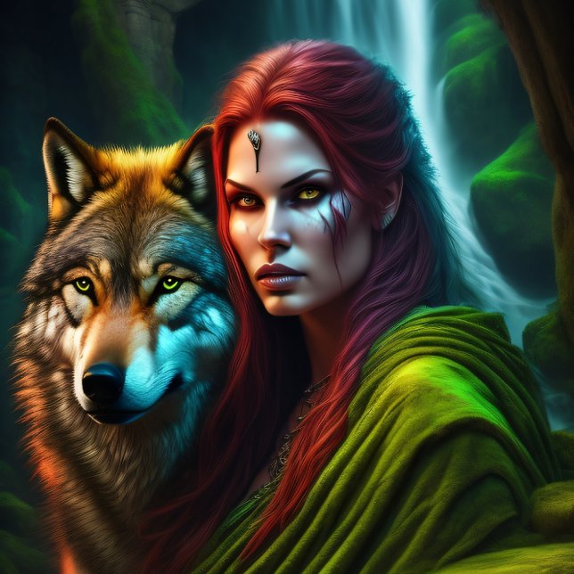 Wild Amazonian Woman and Wolf Seidenpapier (Von Creator hochgeladen)