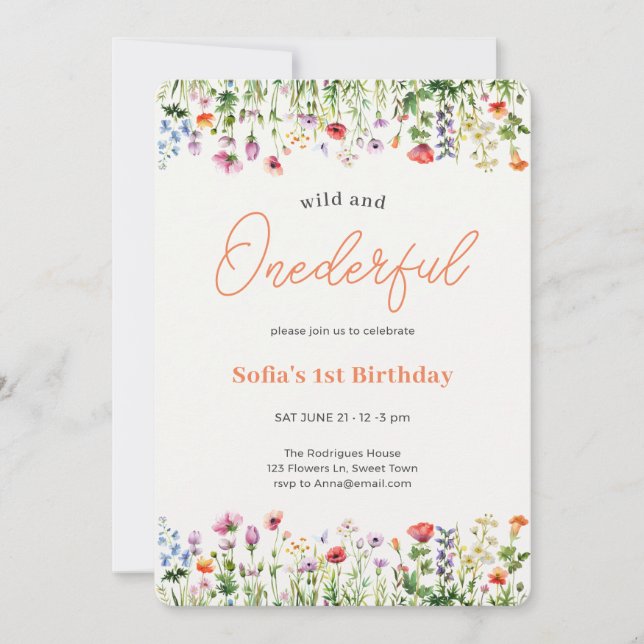 Wild and Onederful Wildflower 1st Birthday Einladung (Vorderseite)
