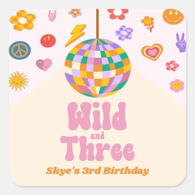 Wild and Three Retro Disco Ball 3rd Birthday Party Quadratischer Aufkleber (Vorderseite)