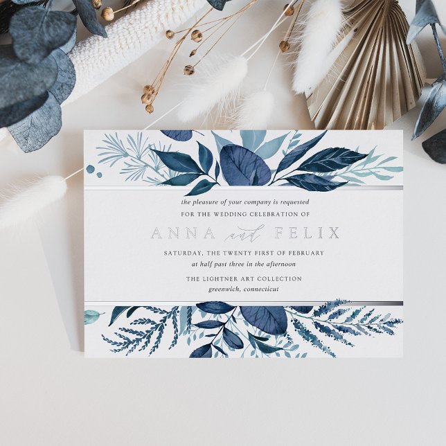 Wild Azure | Blaue Botanische Hochzeit Folieneinladung (Von Creator hochgeladen)