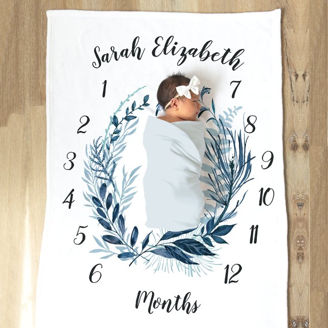 Wild Azure Botanical Monthly Baby Milestone Fleecedecke (Von Creator hochgeladen)