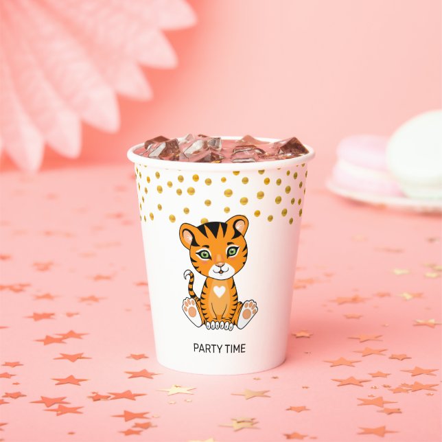 Wild Baby Tiger Cartoon & Gold Confetti Party Pappbecher (Insitu)