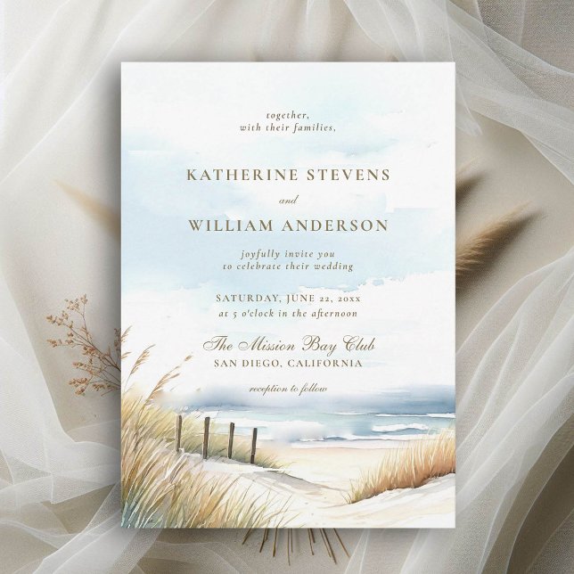 Wild Beach Fence Ocean Grass Kunst, Dichtung und M Einladung (wild beach wedding invitation dreamy watercolor ocean fence grass nature formal modern classic)
