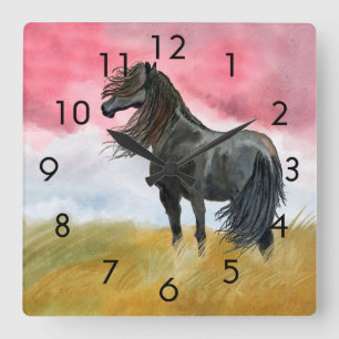 Wild Black Horse Mustang in Field Clock Quadratische Wanduhr