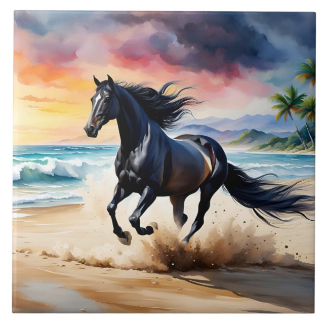 Wild black stallion galloping fliese (Vorderseite)