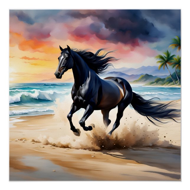 Wild black stallion galloping poster (Vorderseite)