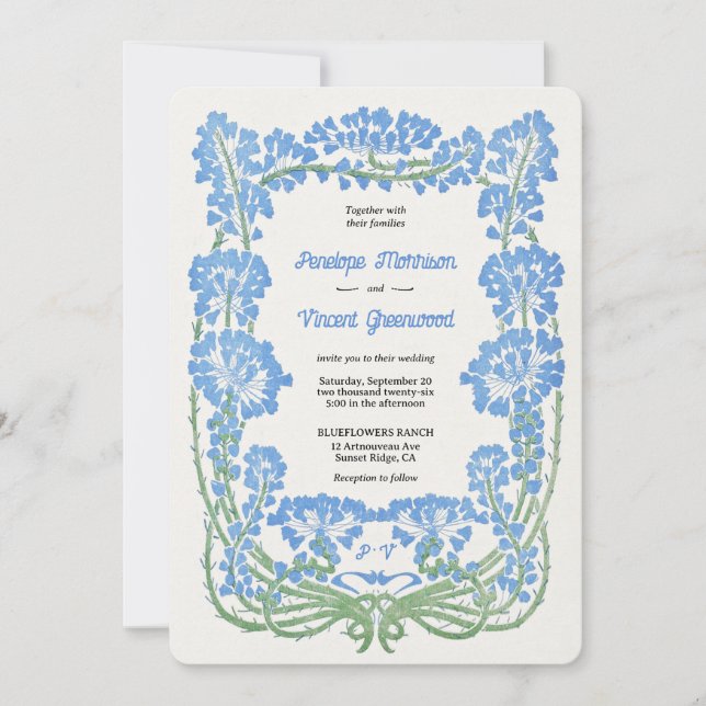 Wild blaue Blumen Letterpress Style Wedding Einladung (Vorderseite)