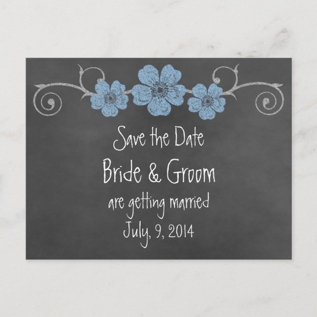 Wild Blue Rose Chalkboard Save the Date Postkarte (Vorderseite)