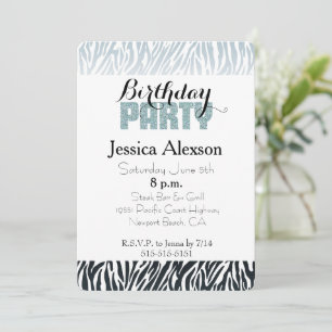 Wild Blue Zebra Birthday Glitzer Party Einladung