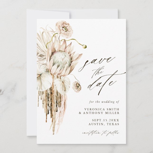 Wild Boho Protea Pampas Grass Floral Wedding Foto Save The Date (Vorderseite)