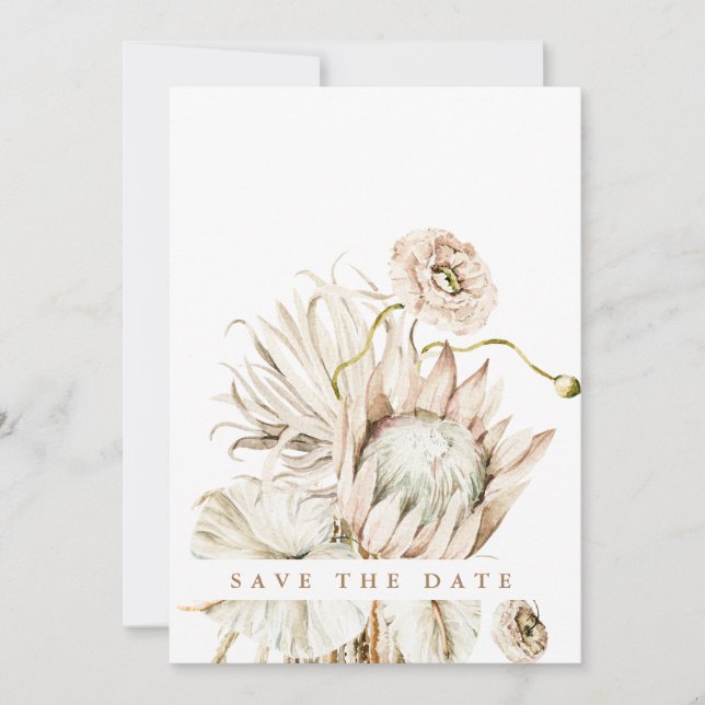 Wild Boho Protea Pampas Grass Hochzeit verblichene Save The Date (Vorderseite)
