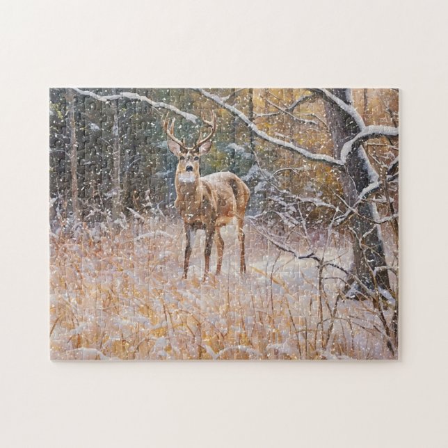 Wild Buck Deer Big Antlers Snow Forest Art Puzzle (Horizontal)