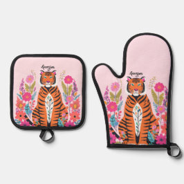 Wild Cat Tiger Pink Personalized Ofenhandschuh & Topflappen-Set
