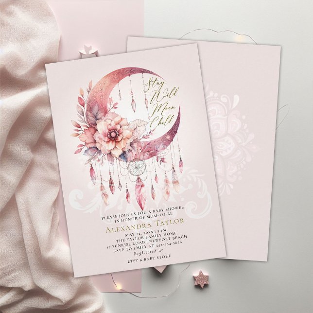 Wild Child Dreamcatcher Crystals Baby Girl Shower Einladung (wild moon child baby girl shower invitation pink boho dreamcatcher crystal gold glitter elegant boho)