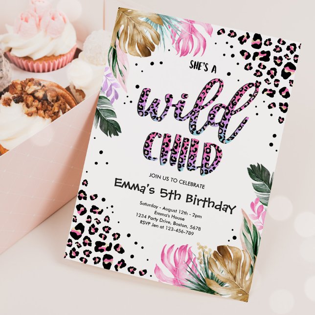 Wild Child Gold Pink Leopard Print Birthday Party Einladung (Von Creator hochgeladen)
