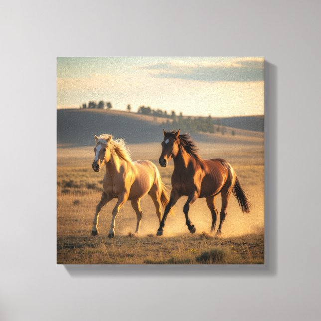 Wild Companions at Sunset – Running Horse Wall Art Leinwanddruck (Vorderseite)