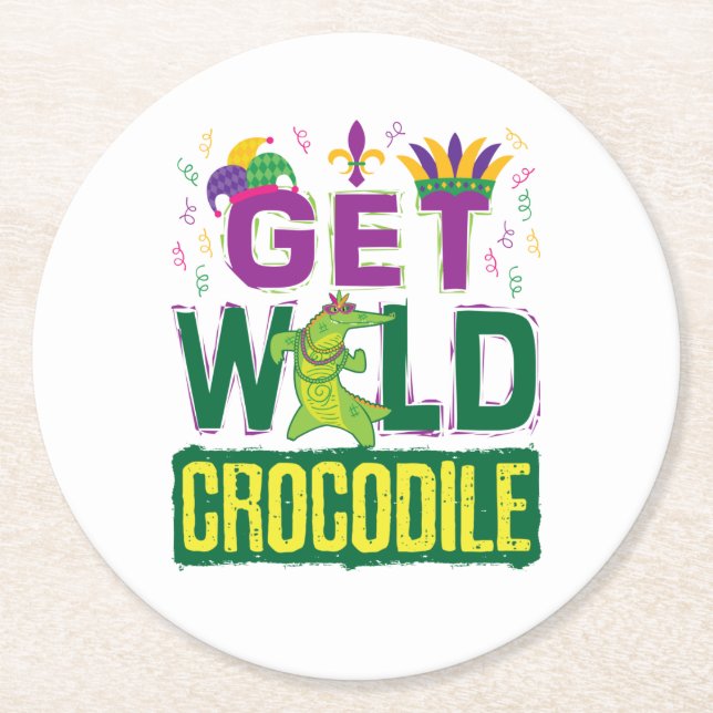 Wild Crocodile Mardi Gras Alligator Runder Pappuntersetzer (Vorderseite)