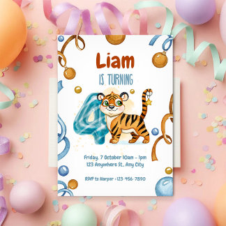Wild & Cute Tiger 4th Birthday Invitation Einladung