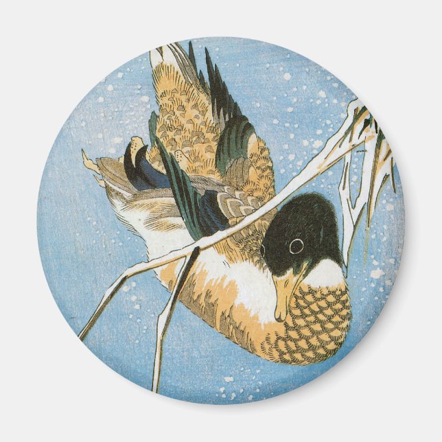 Wild Duck Swimming Snow Laden Reed von Hiroshige Magnet (Vorne)
