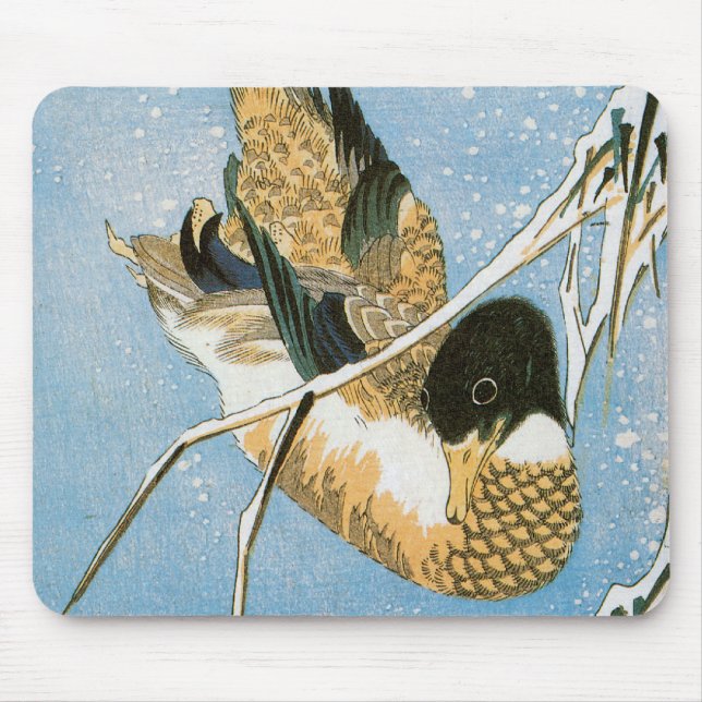 Wild Duck Swimming Snow Laden Reed von Hiroshige Mousepad (Vorne)