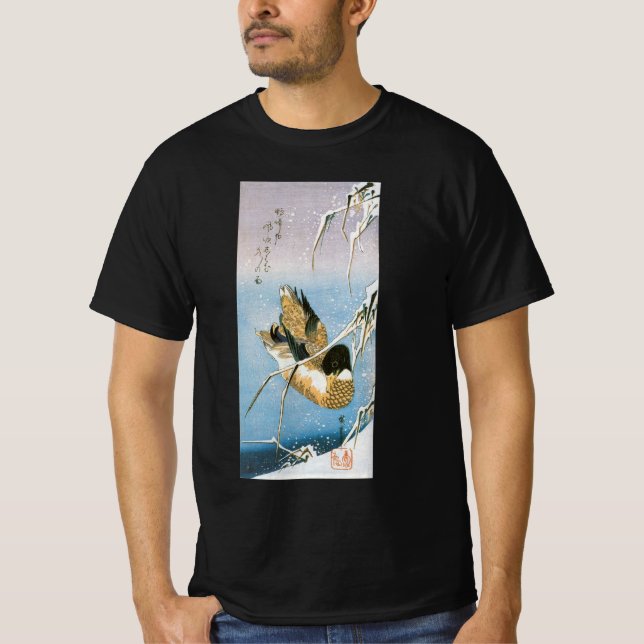 Wild Duck Swimming Snow Laden Reed von Hiroshige T-Shirt (Vorderseite)