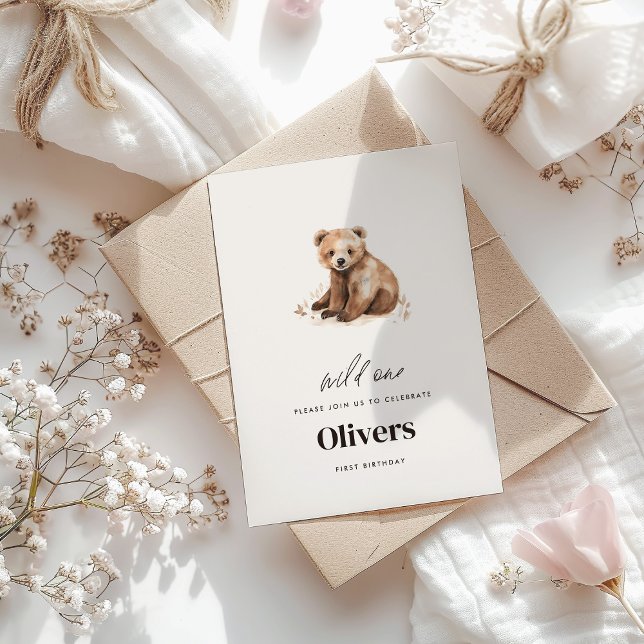 Wild ein Aquarellbär 1. Geburtstag modern Einladung (Von Creator hochgeladen)