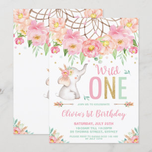 Wild ein Elefant 1. Geburtstag Boho Pink Floral Einladung